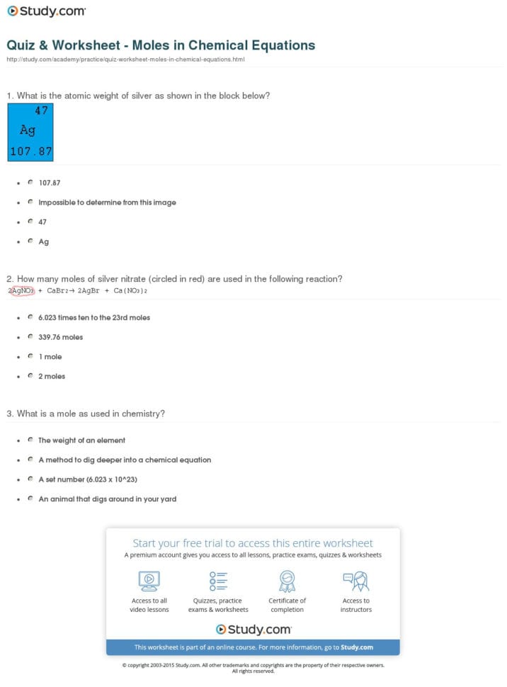Quiz  Worksheet  Moles In Chemical Equations  Study