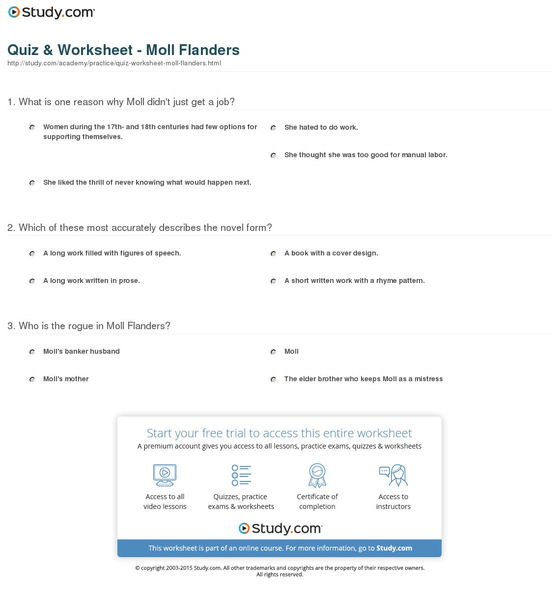 Quiz  Worksheet  Moll Flanders  Study
