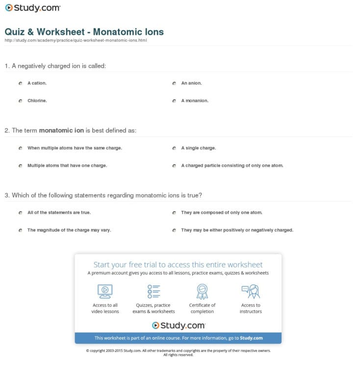 Charges Of Ions Worksheet Answers