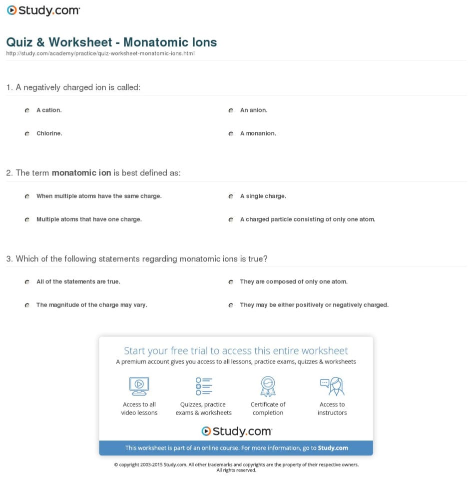 Quiz  Worksheet  Monatomic Ions  Study
