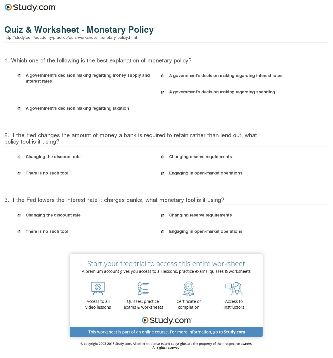 Quiz  Worksheet  Monetary Policy  Study
