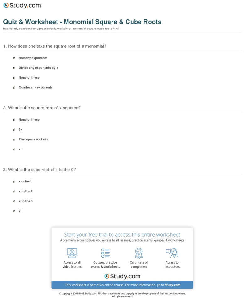 Quiz  Worksheet  Monomial Square  Cube Roots  Study