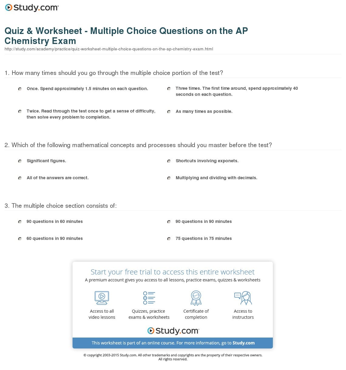 Quiz  Worksheet  Multiple Choice Questions On The Ap