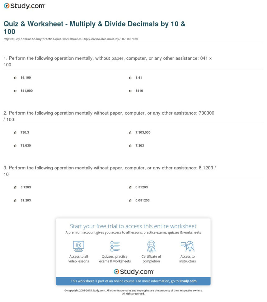 Quiz Worksheet Multiply Divide Decimals10 100 Study Com