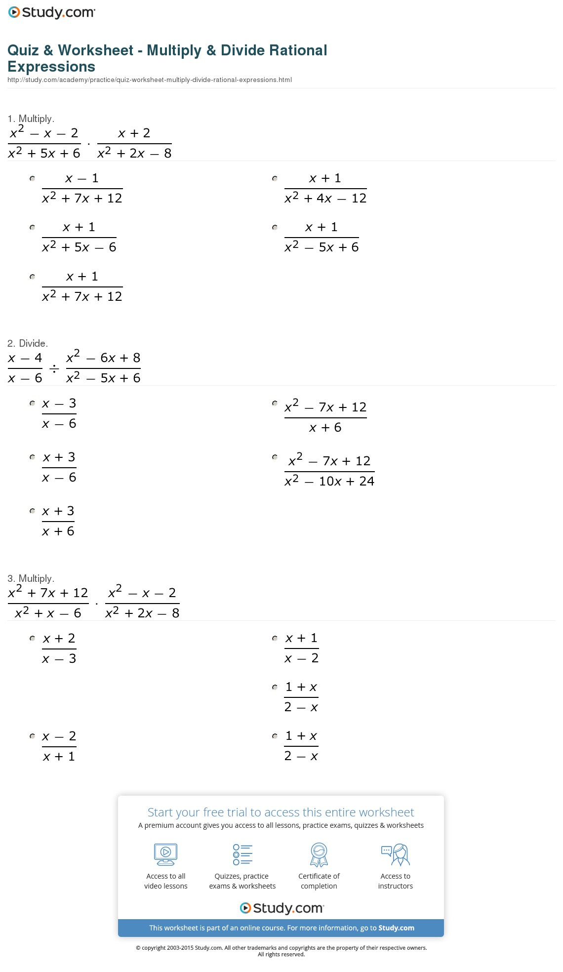 Quiz  Worksheet  Multiply  Divide Rational Expressions
