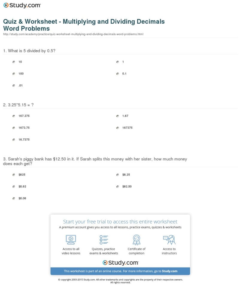 Quiz  Worksheet  Multiplying And Dividing Decimals Word