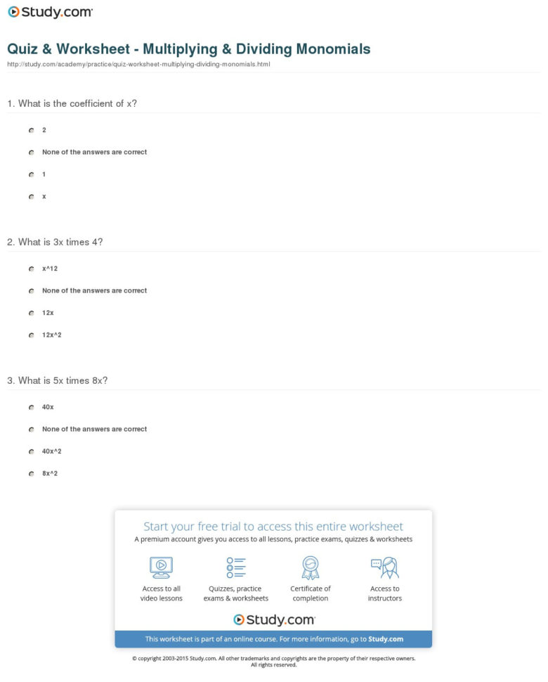 Quiz  Worksheet  Multiplying  Dividing Monomials  Study