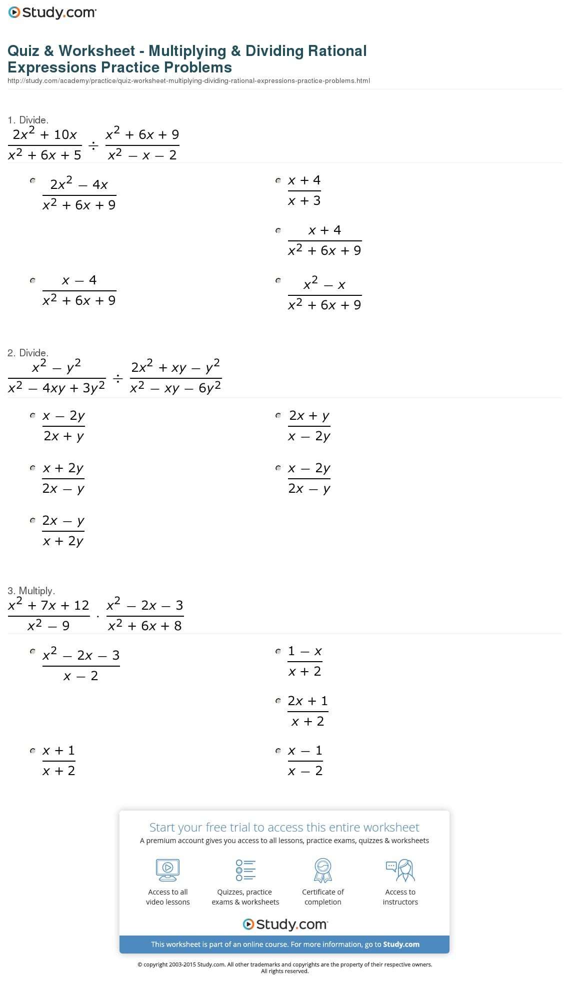Quiz  Worksheet  Multiplying  Dividing Rational