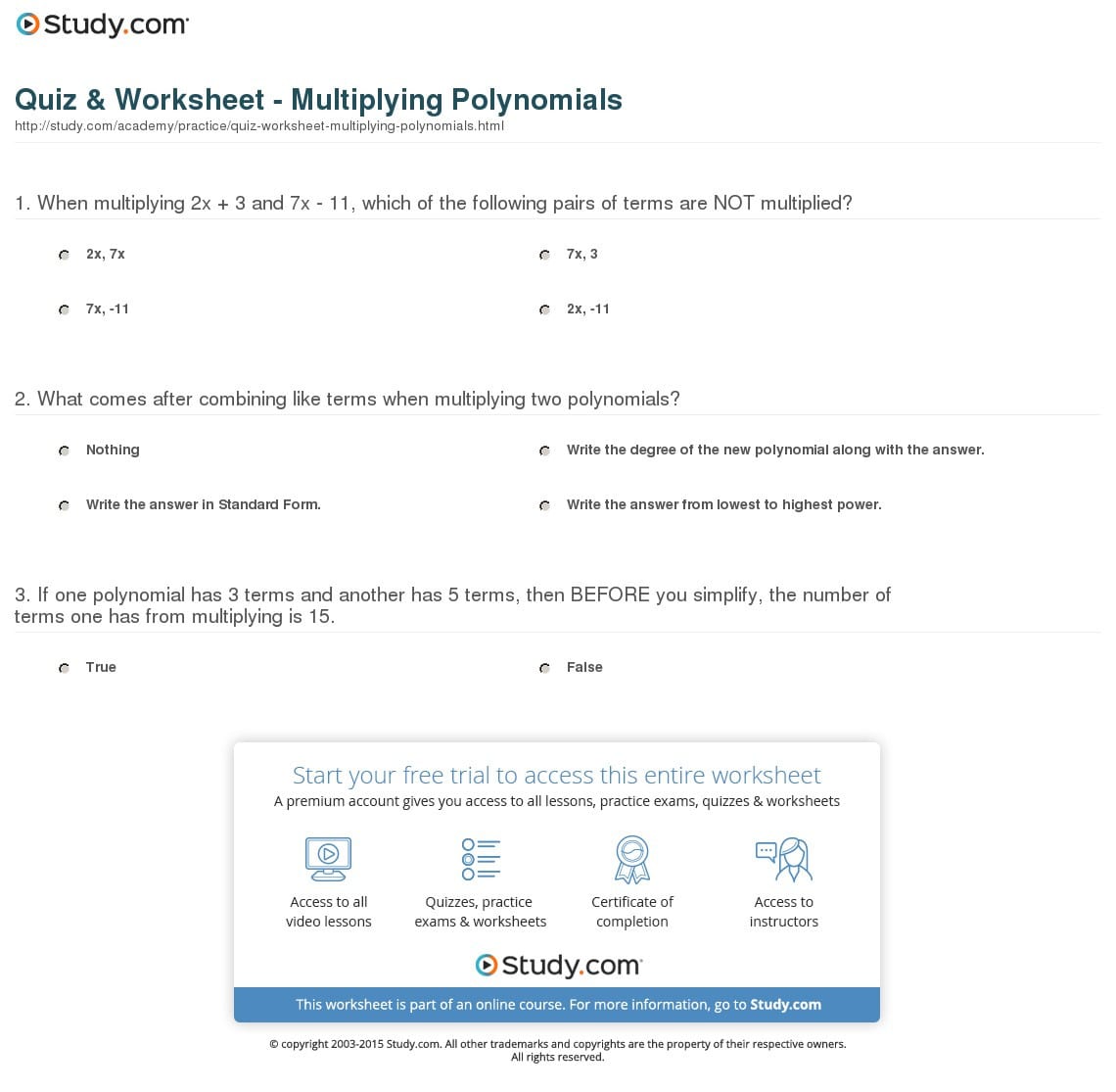 Quiz  Worksheet  Multiplying Polynomials  Study