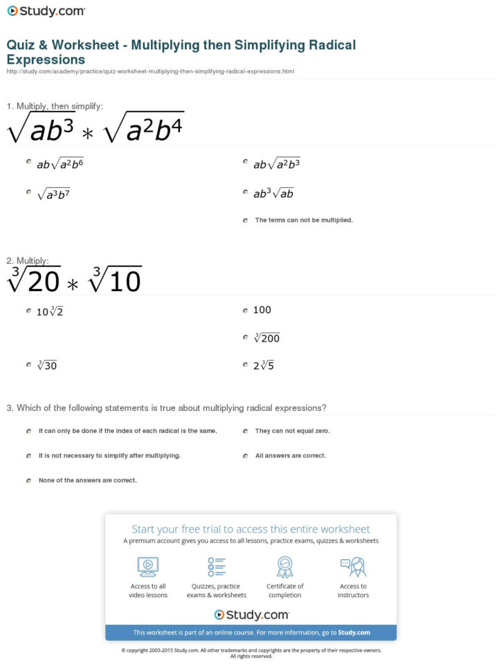 Multiplying Radical Expressions Worksheet Answers