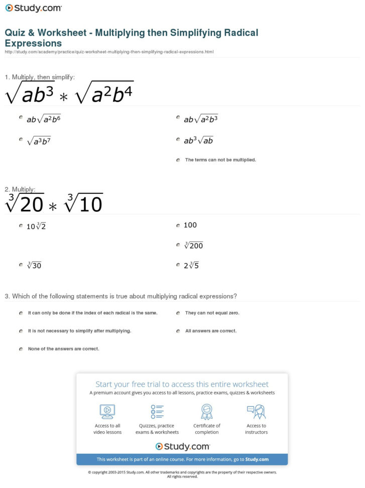 Multiplying Radical Expressions Worksheet Answers Db excel