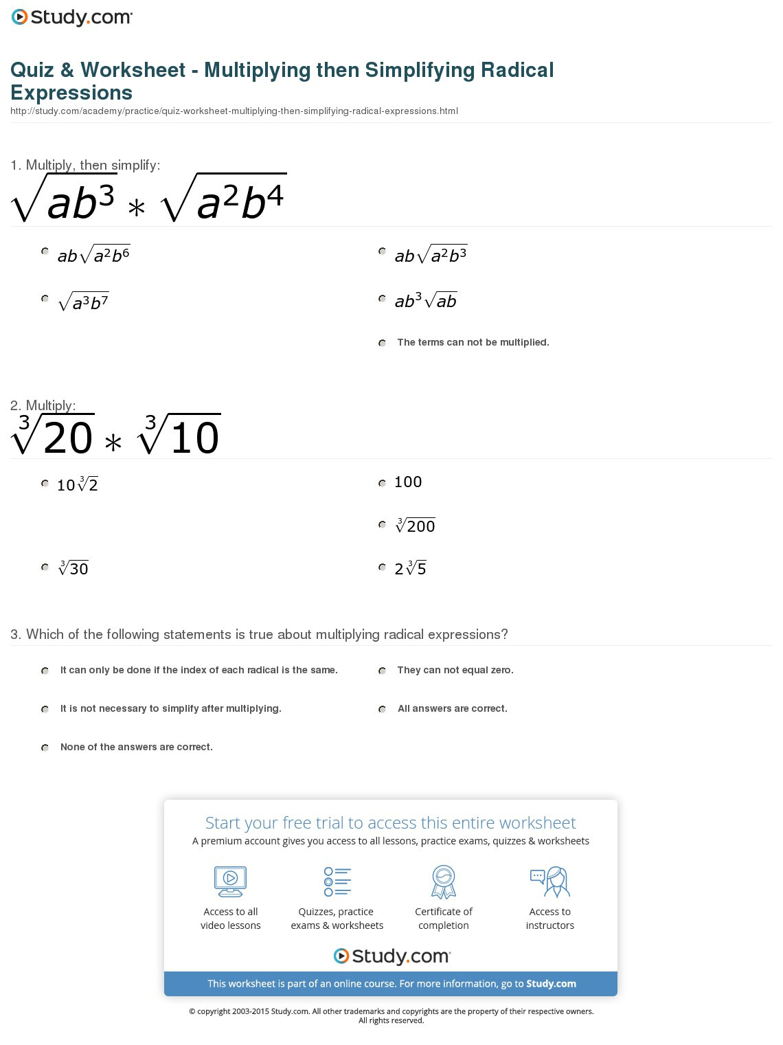 Quiz  Worksheet  Multiplying Then Simplifying Radical Expressions