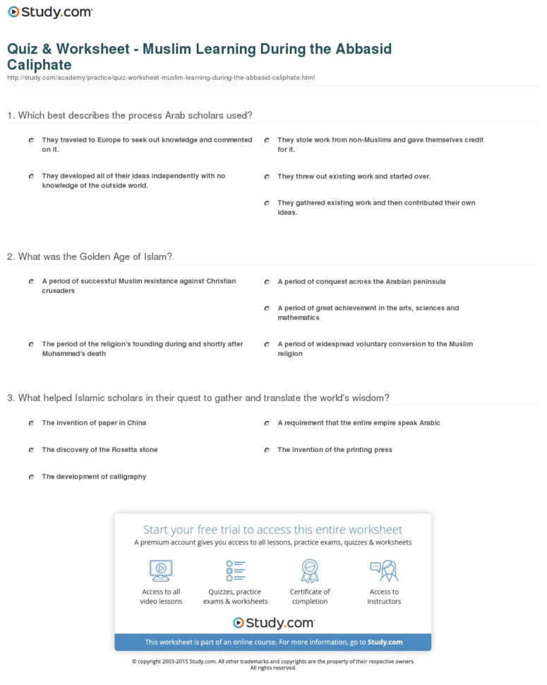 Quiz  Worksheet  Muslim Learning During The Abbasid