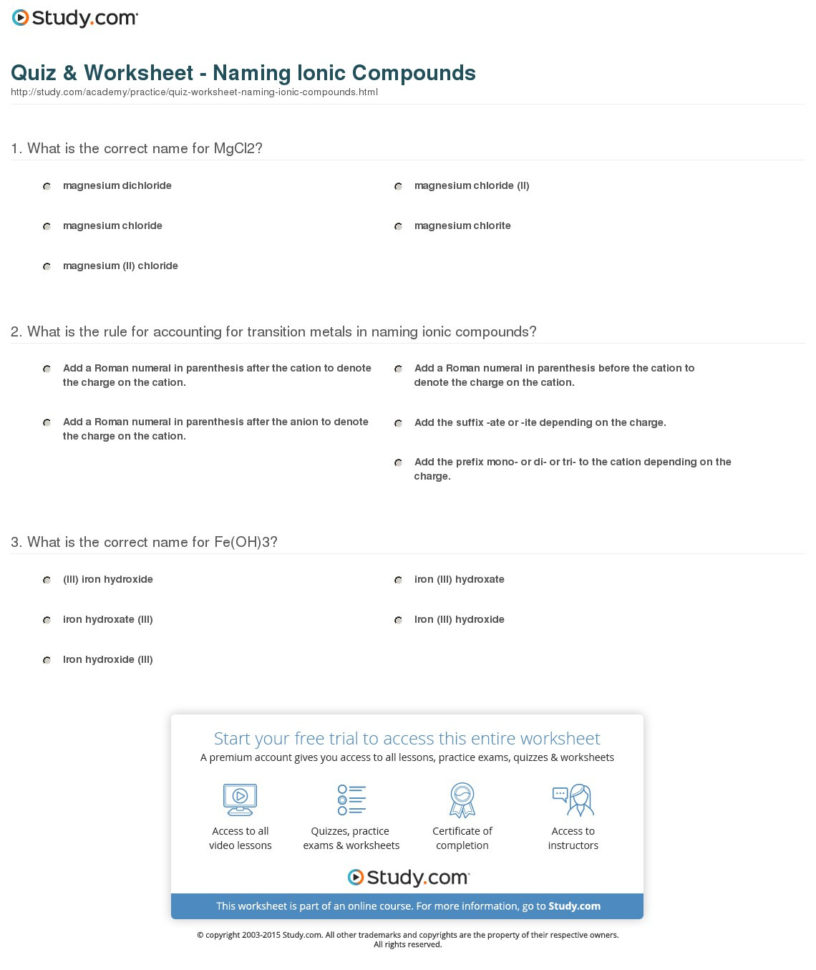 Quiz  Worksheet  Naming Ionic Compounds  Study