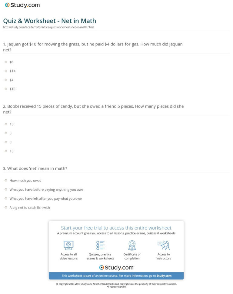 Quiz  Worksheet  Net In Math  Study
