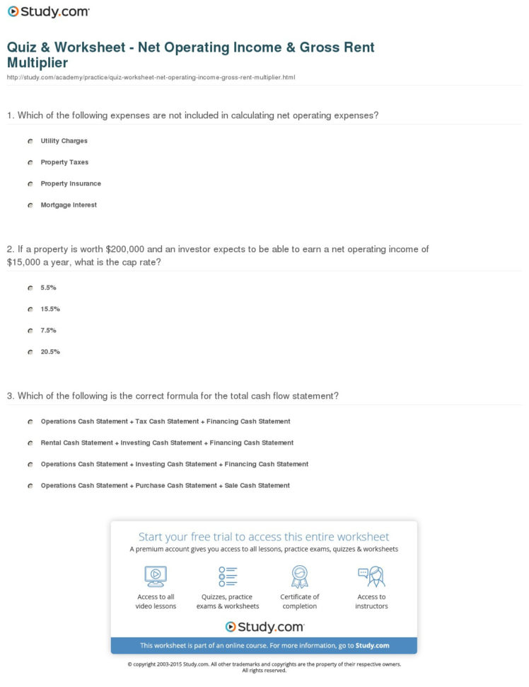 Quiz  Worksheet  Net Operating Income  Gross Rent