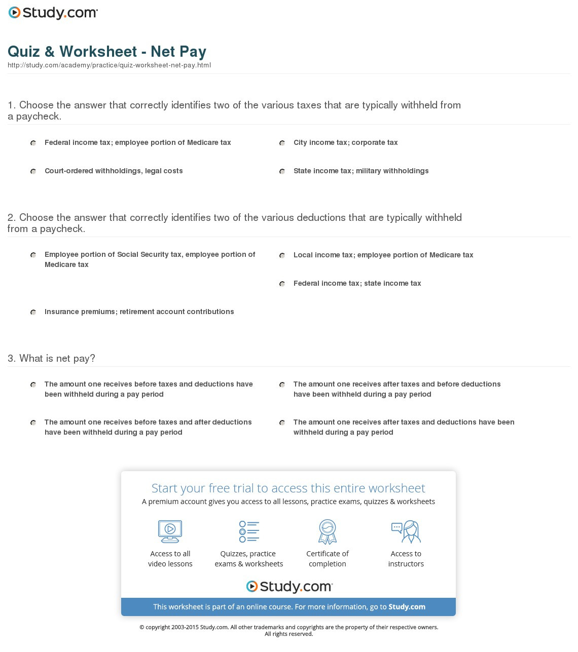 Quiz  Worksheet  Net Pay  Study