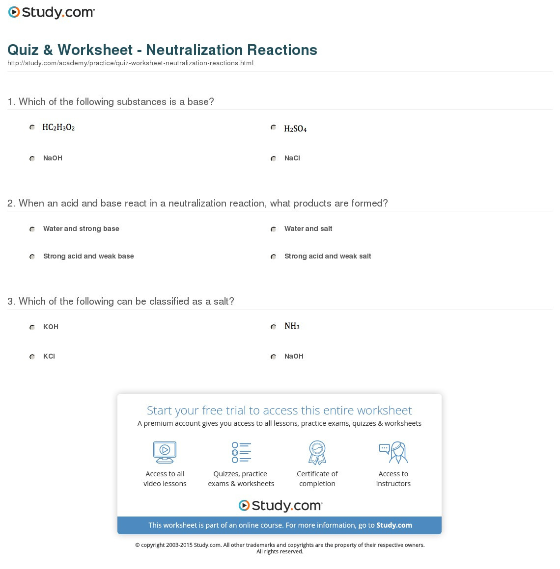 Quiz  Worksheet  Neutralization Reactions  Study