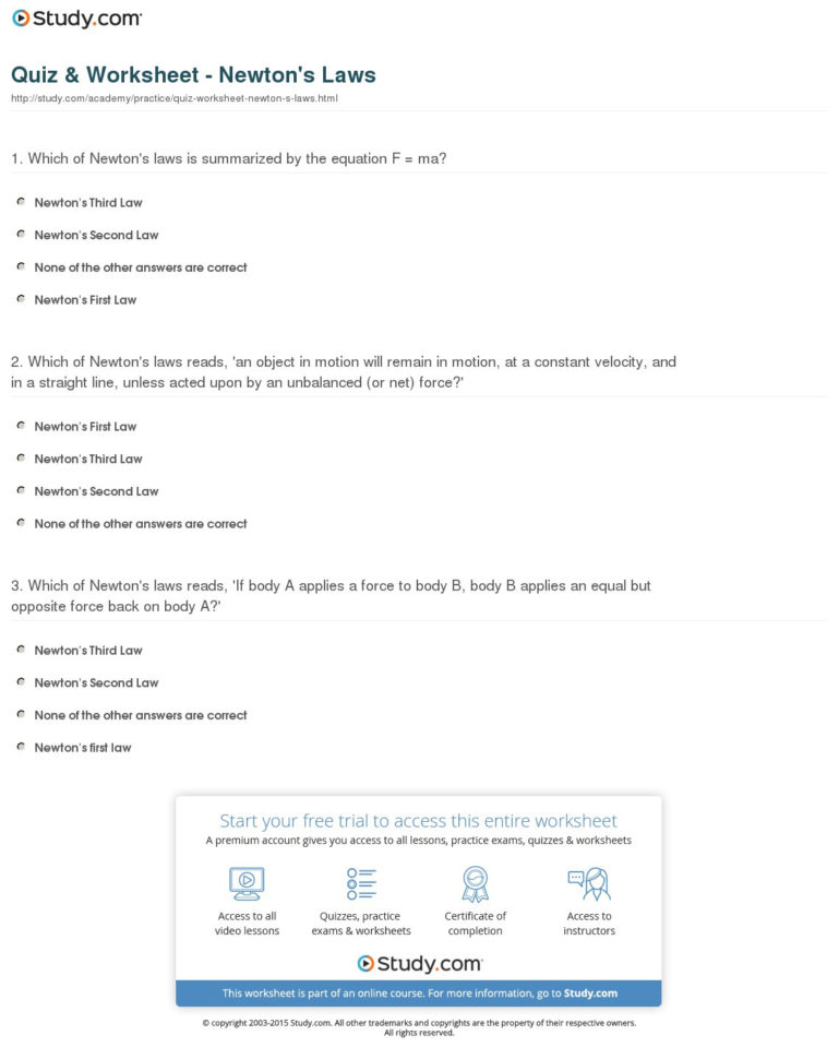 Quiz  Worksheet  Newton's Laws  Study