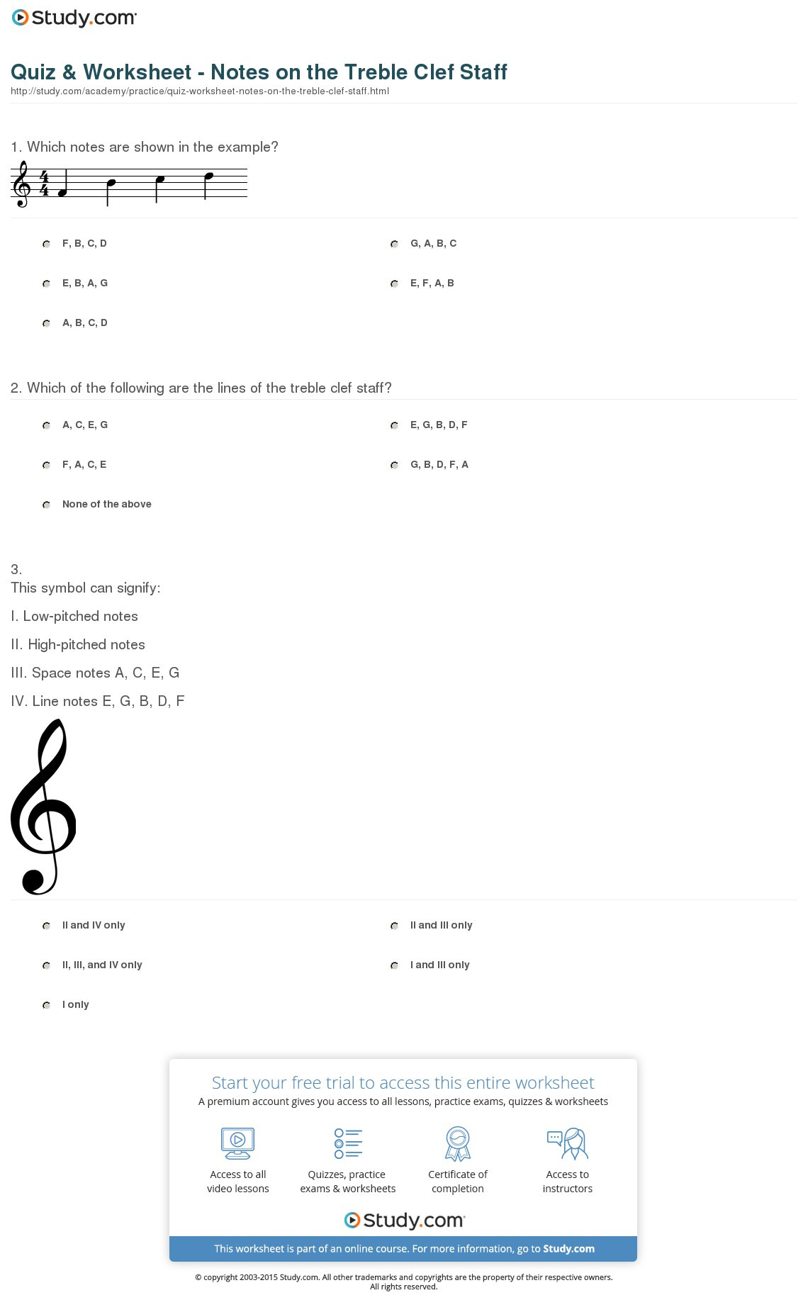 Quiz  Worksheet  Notes On The Treble Clef Staff  Study