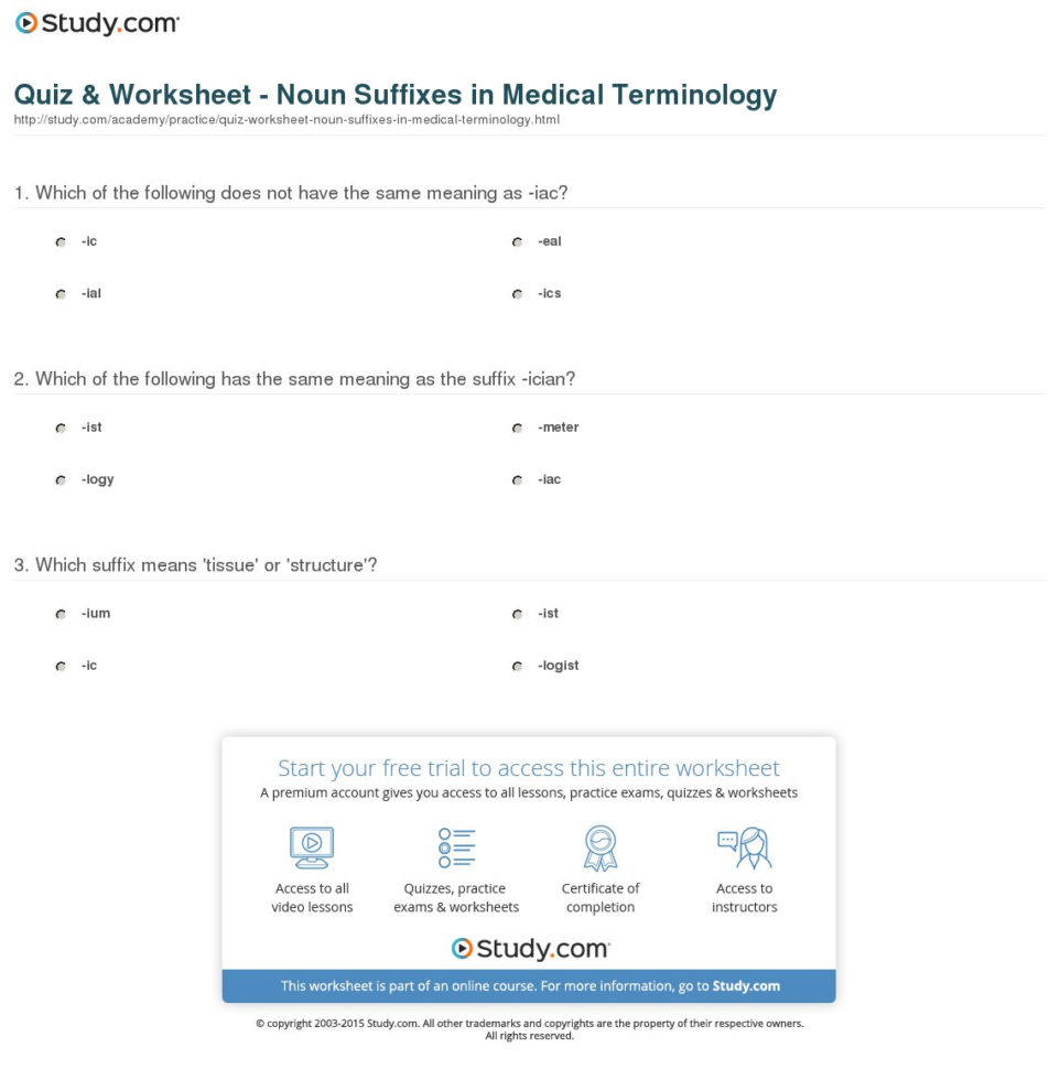 Quiz  Worksheet  Noun Suffixes In Medical Terminology