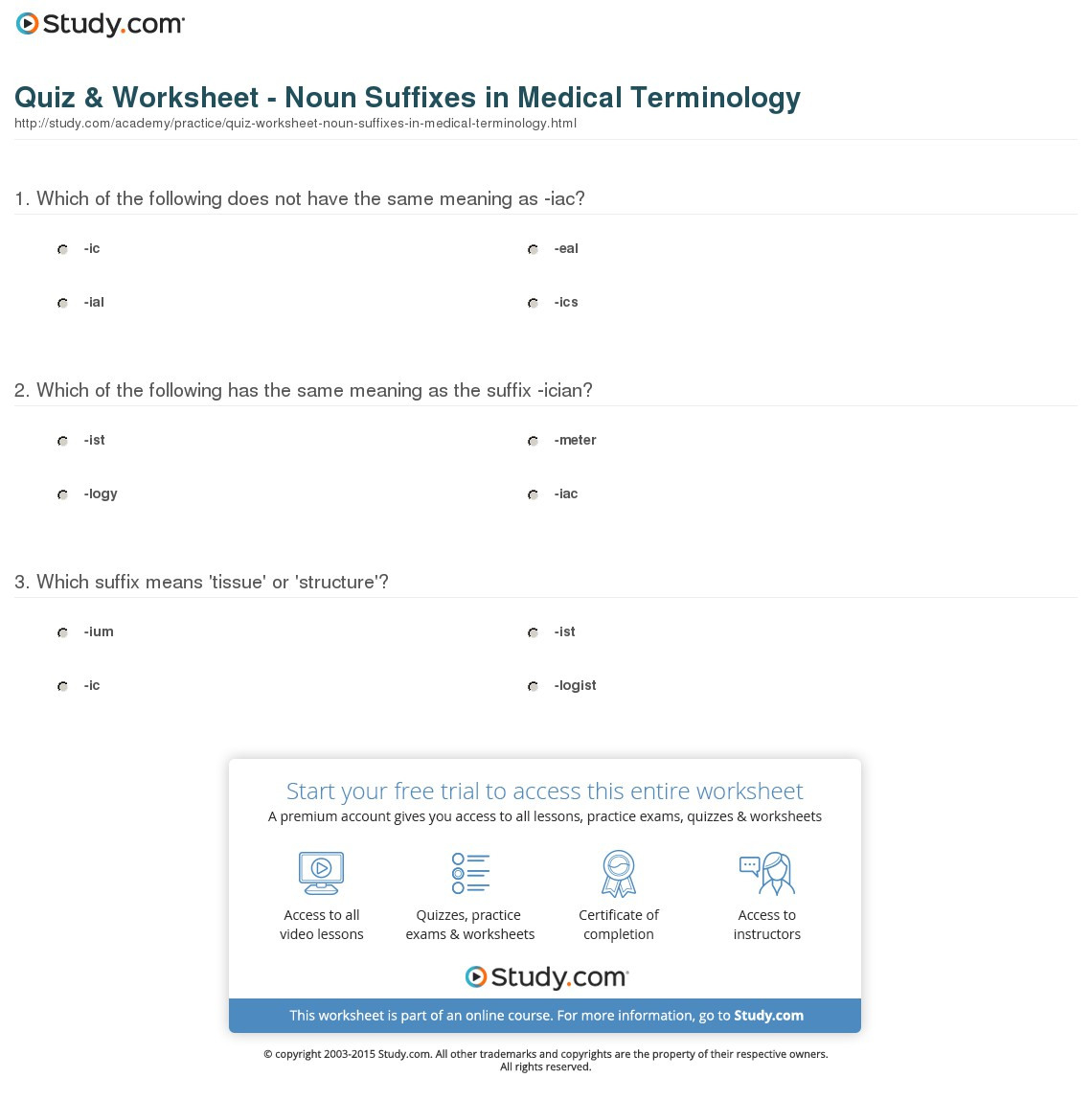 Quiz  Worksheet  Noun Suffixes In Medical Terminology