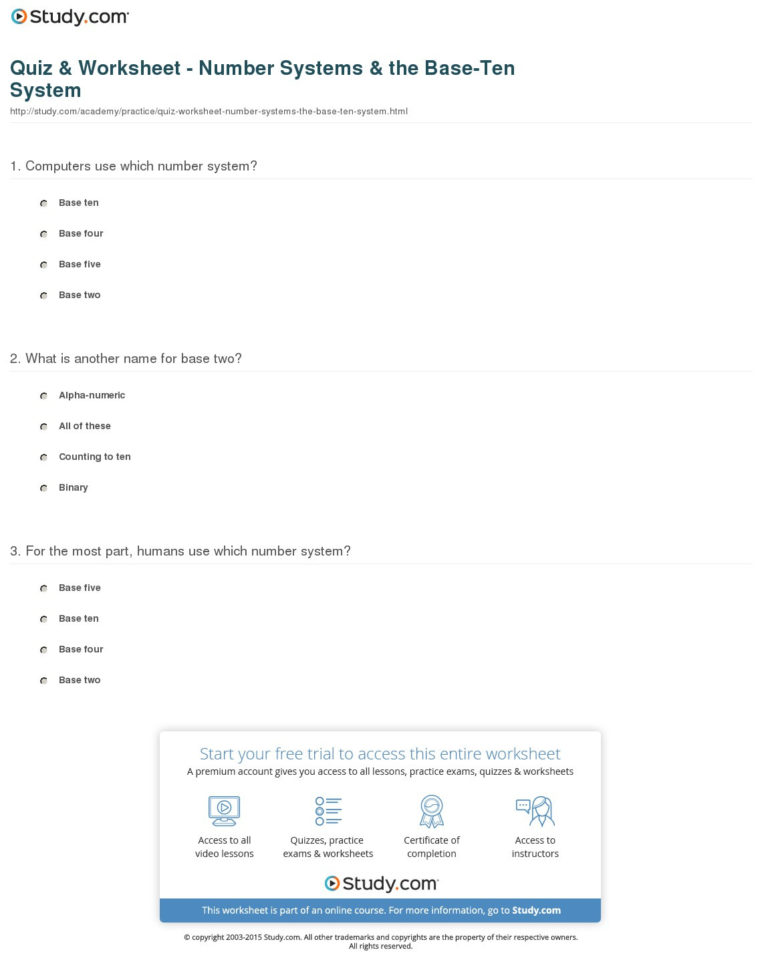 Quiz  Worksheet  Number Systems  The Baseten System