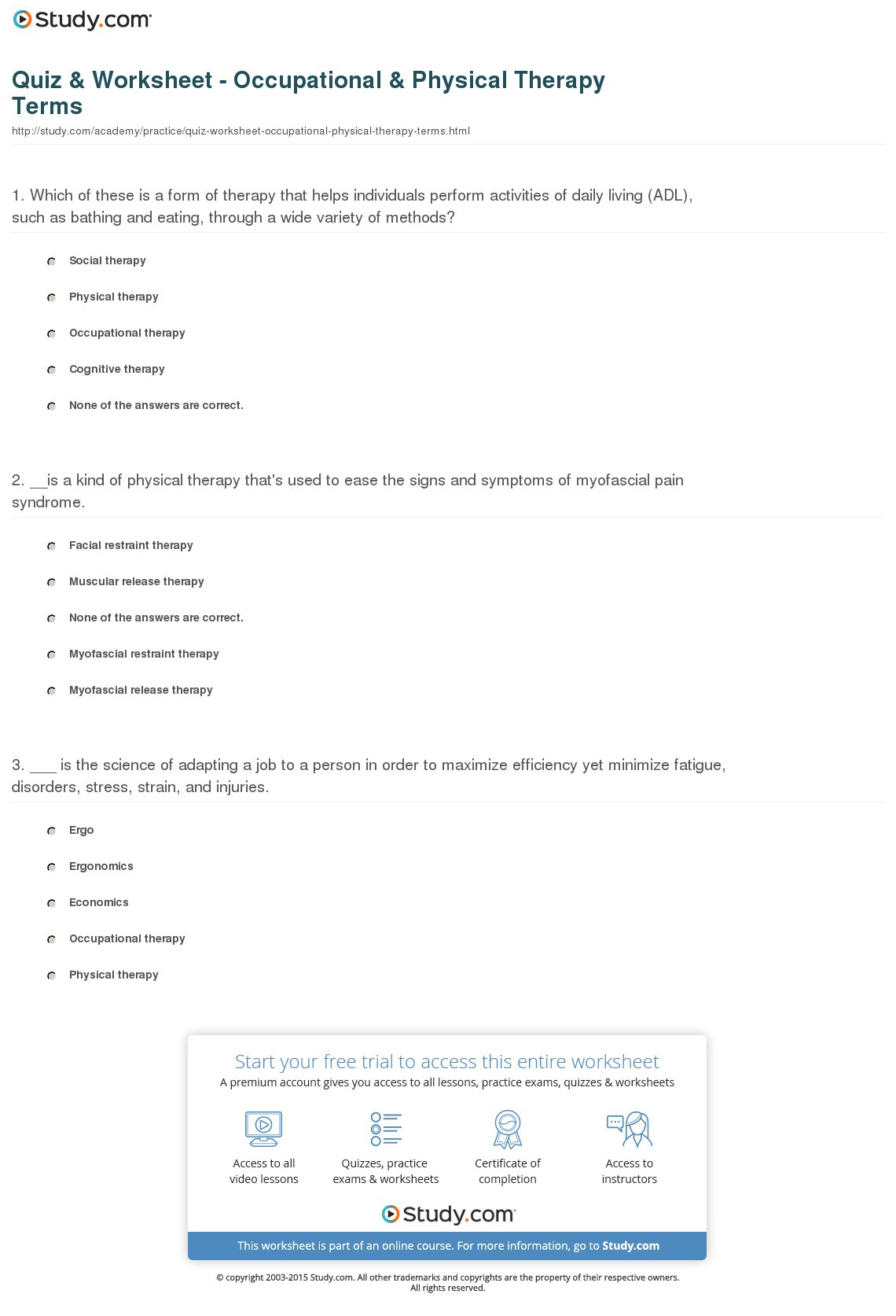 Quiz  Worksheet  Occupational  Physical Therapy Terms