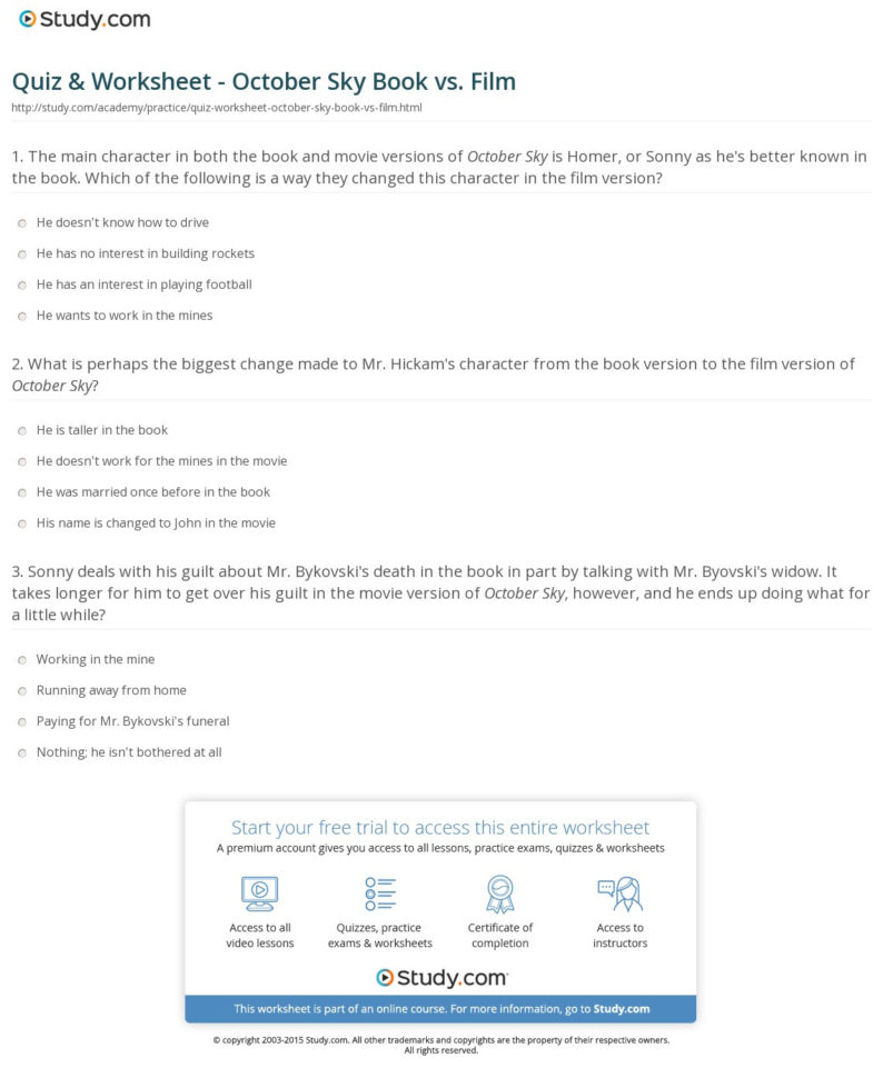 Quiz  Worksheet  October Sky Book Vs Film  Study