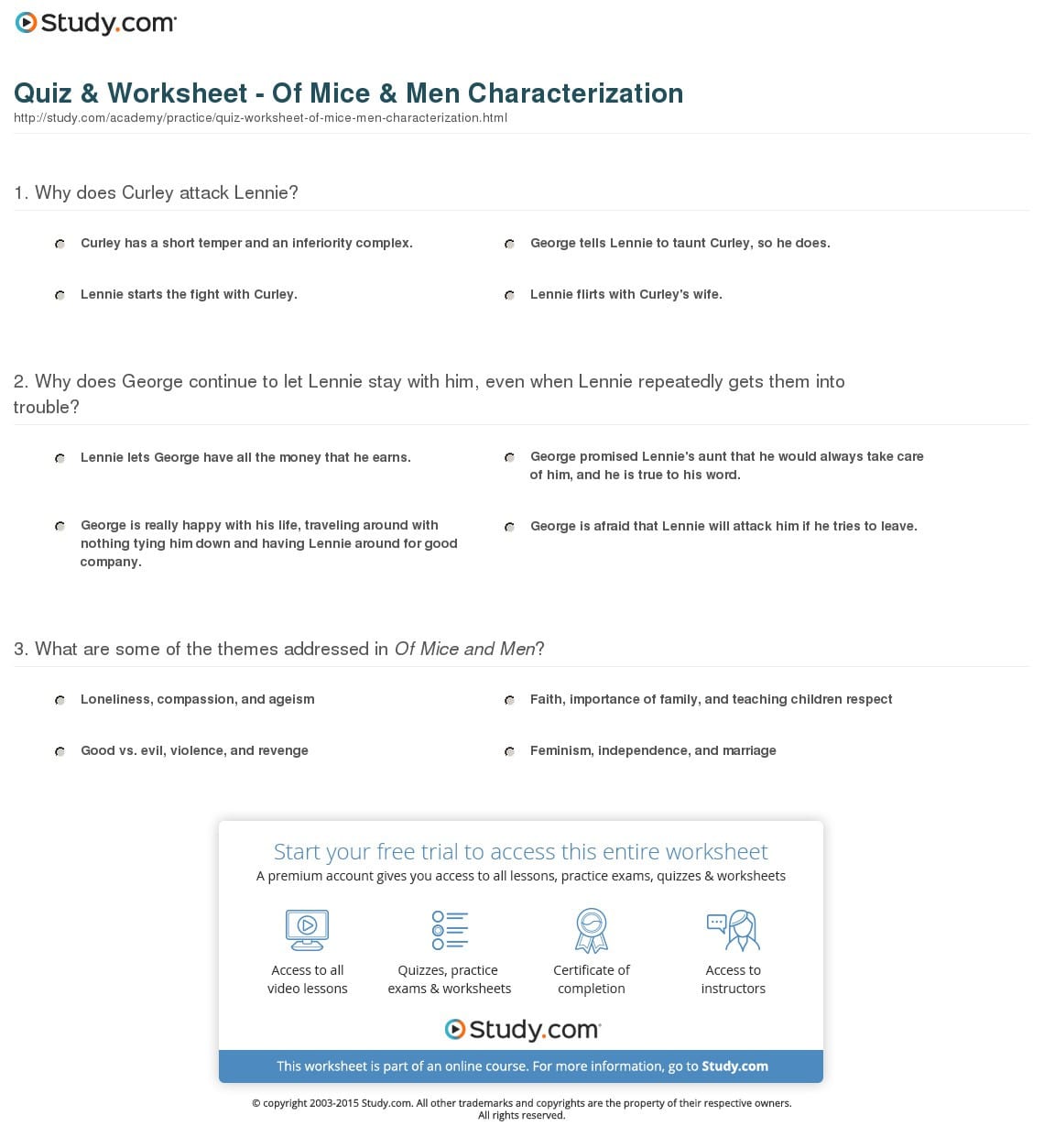 Quiz  Worksheet  Of Mice  Men Characterization  Study