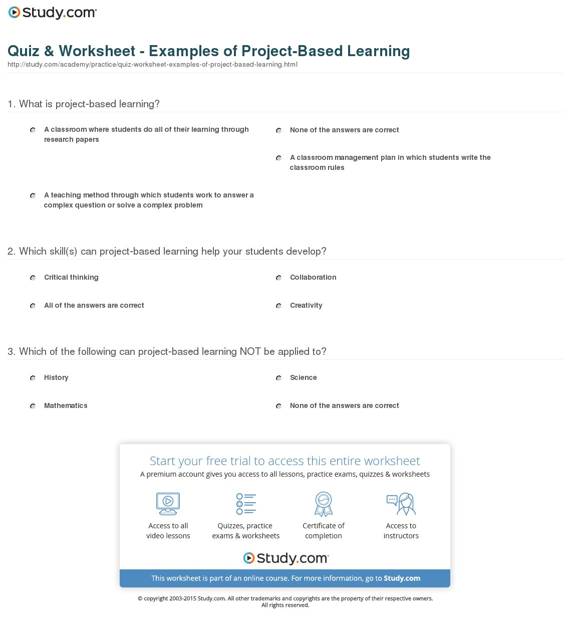 Quiz  Worksheet   Of Projectbased Learning