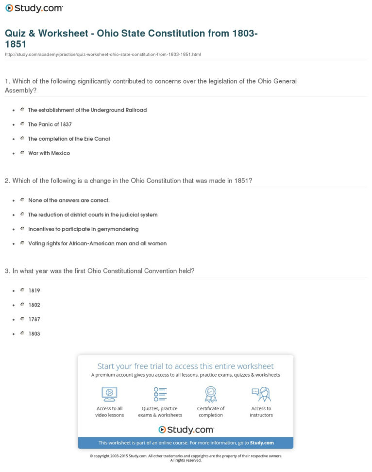 Quiz  Worksheet  Ohio State Constitution From 18031851  Study