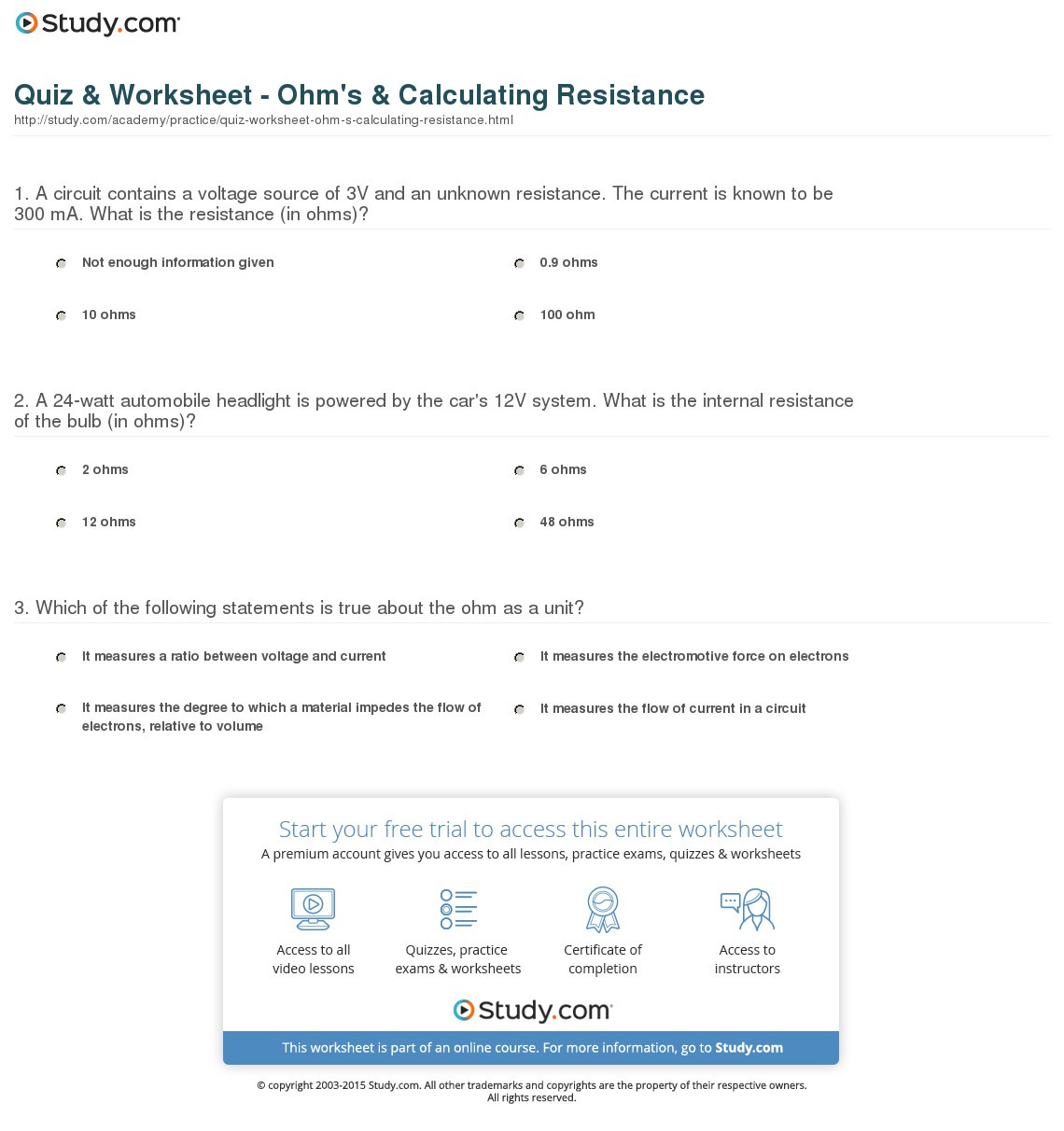 Quiz  Worksheet  Ohm's  Calculating Resistance  Study