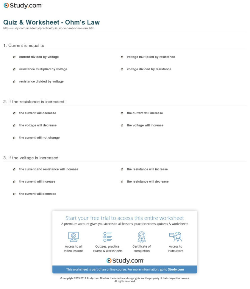 Quiz  Worksheet  Ohm's Law  Study