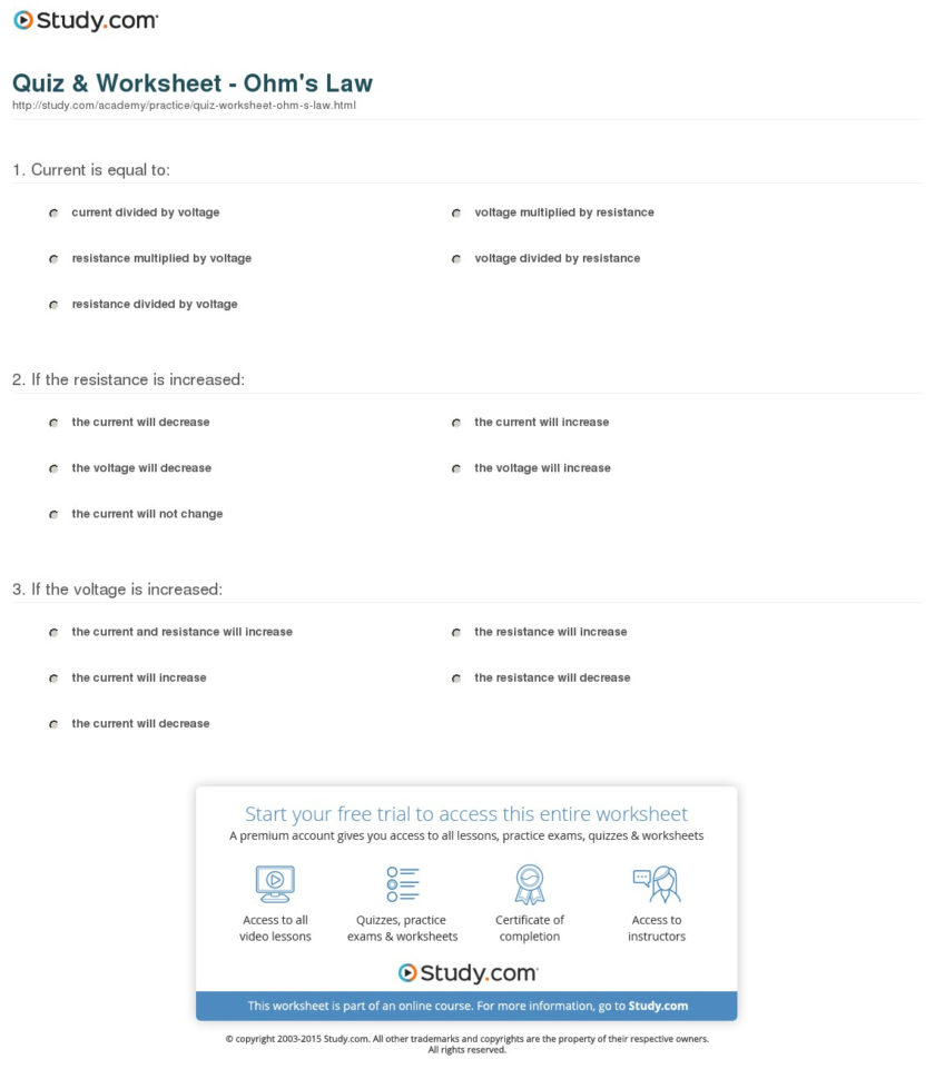 Quiz  Worksheet  Ohm's Law  Study
