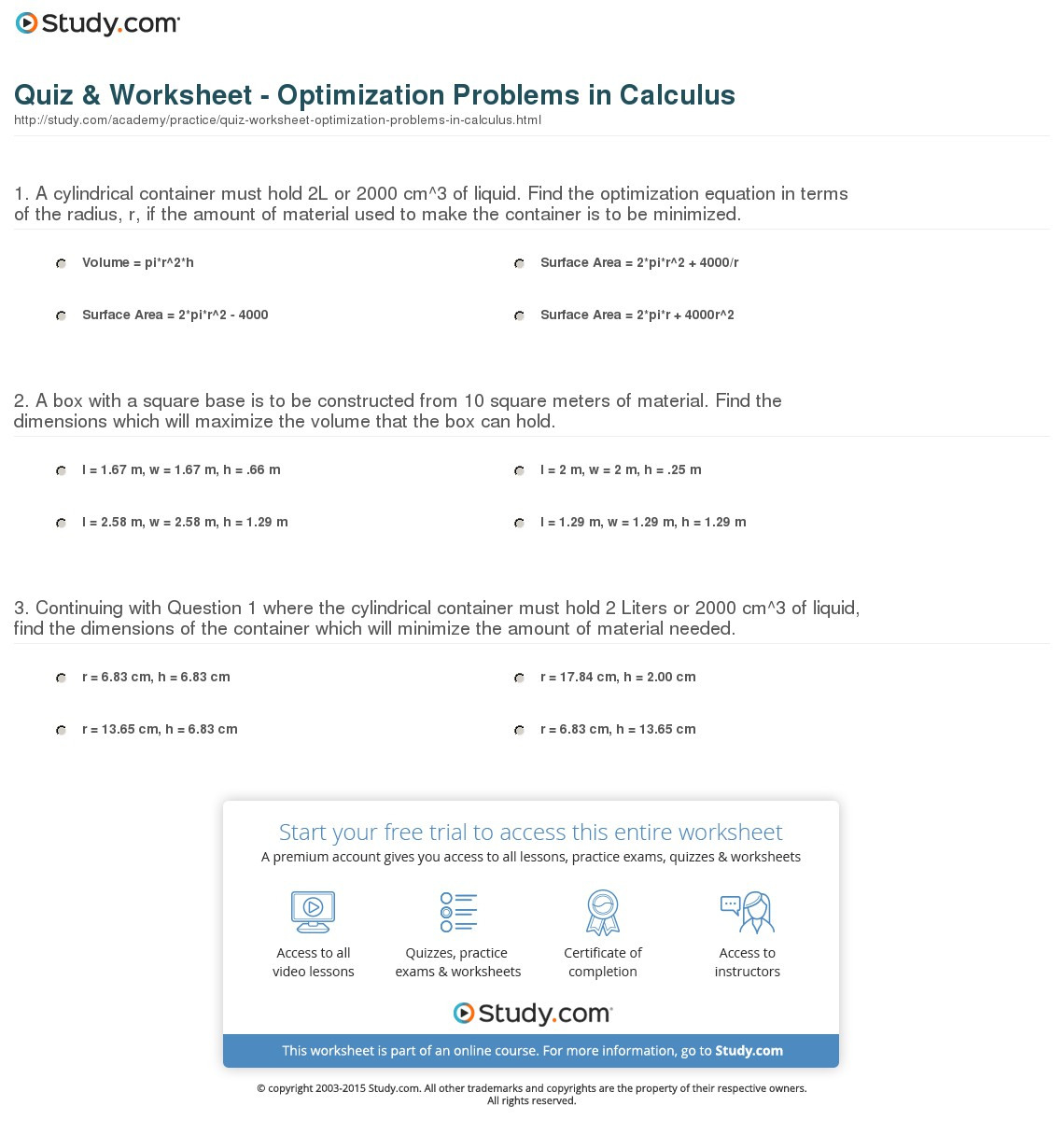 Quiz  Worksheet  Optimization Problems In Calculus  Study