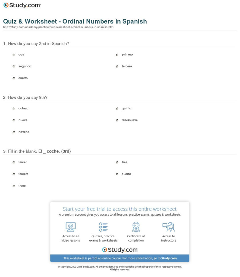 Quiz  Worksheet  Ordinal Numbers In Spanish  Study