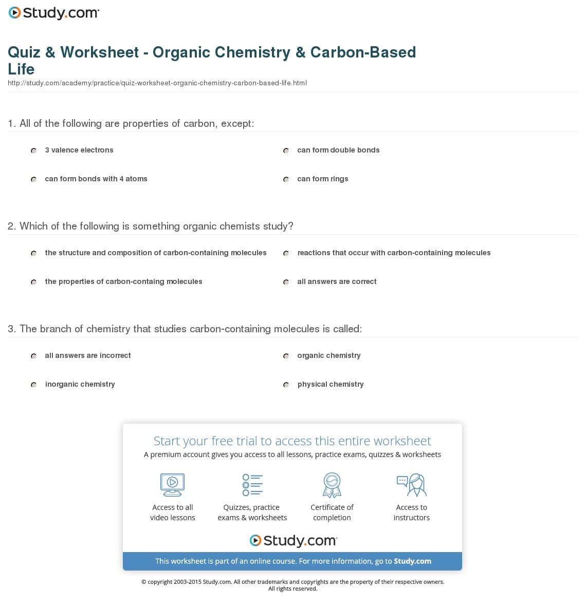 Quiz  Worksheet  Organic Chemistry  Carbonbased Life