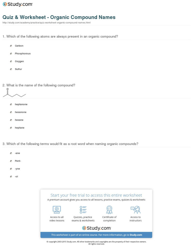 Quiz  Worksheet  Organic Compound Names  Study