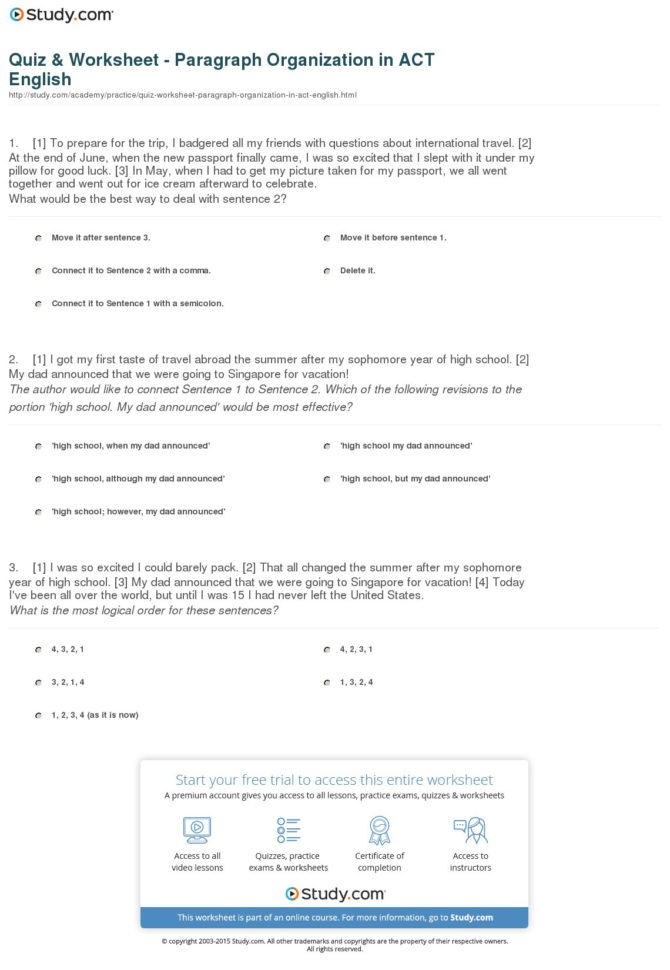 Quiz  Worksheet  Paragraph Organization In Act English