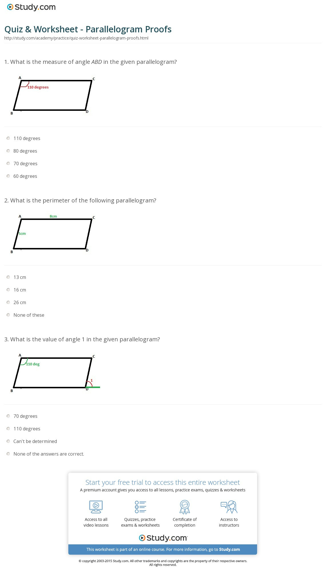 Quiz  Worksheet  Parallelogram Proofs  Study