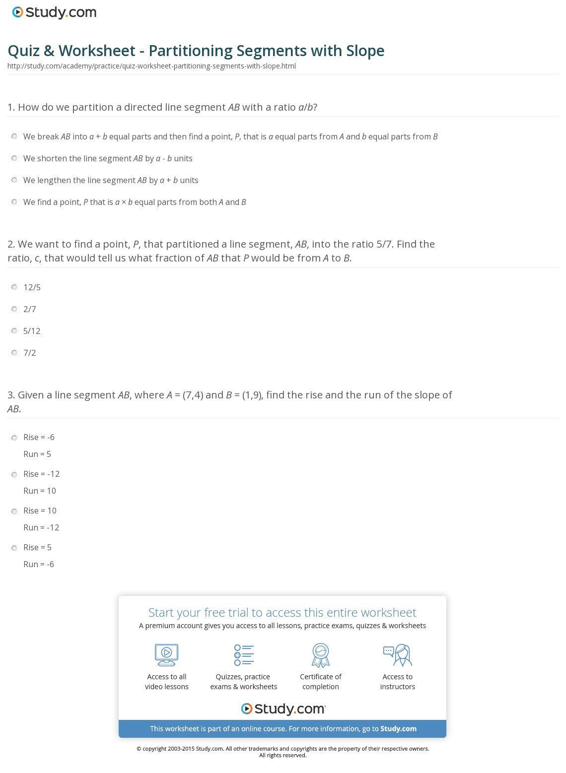 Quiz  Worksheet  Partitioning Segments With Slope  Study