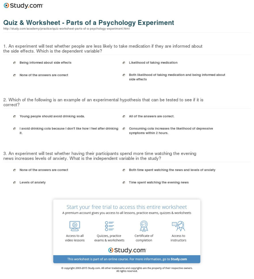 Quiz  Worksheet  Parts Of A Psychology Experiment  Study