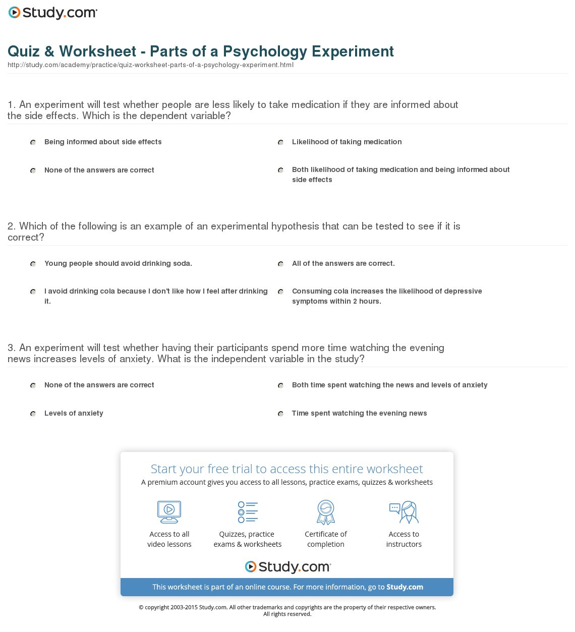 Quiz  Worksheet  Parts Of A Psychology Experiment  Study