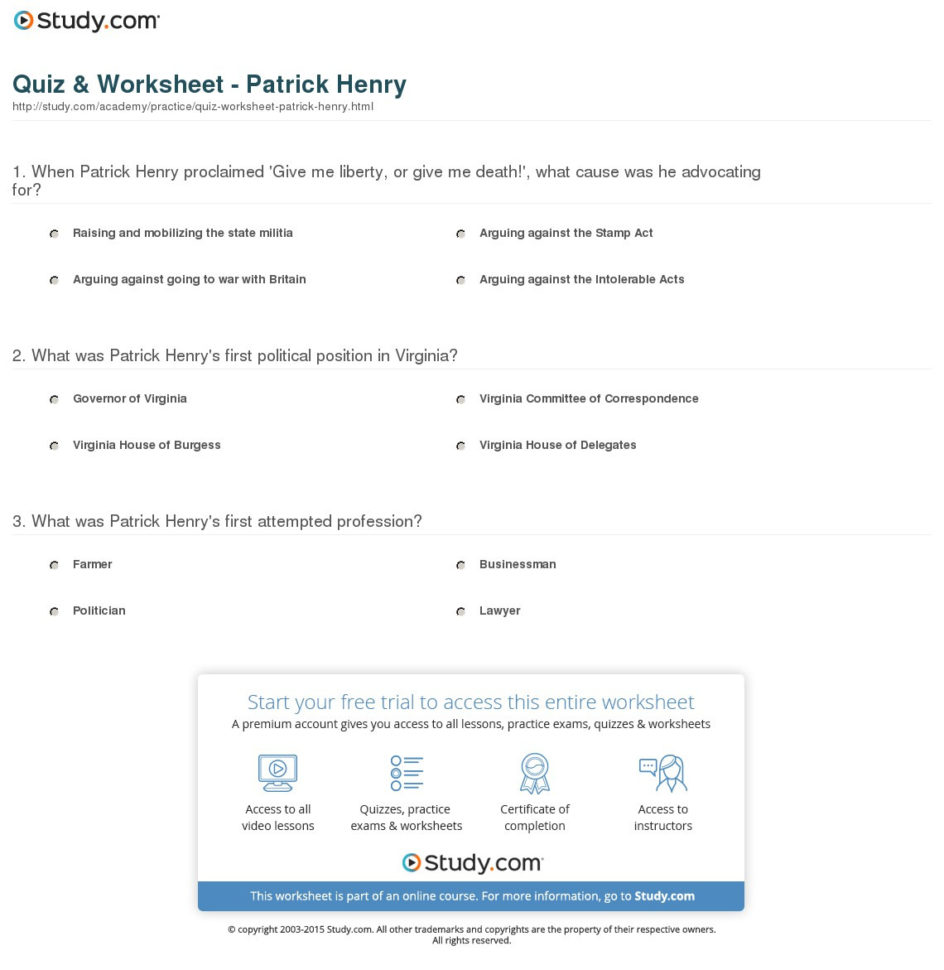 Quiz  Worksheet  Patrick Henry  Study