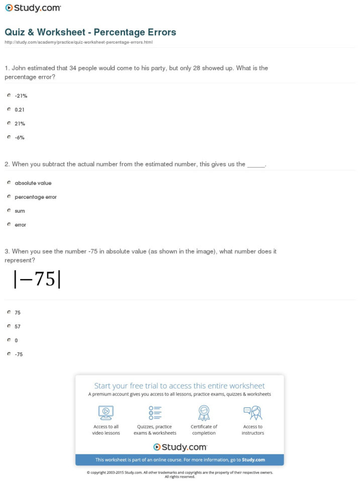 Quiz  Worksheet  Percentage Errors  Study