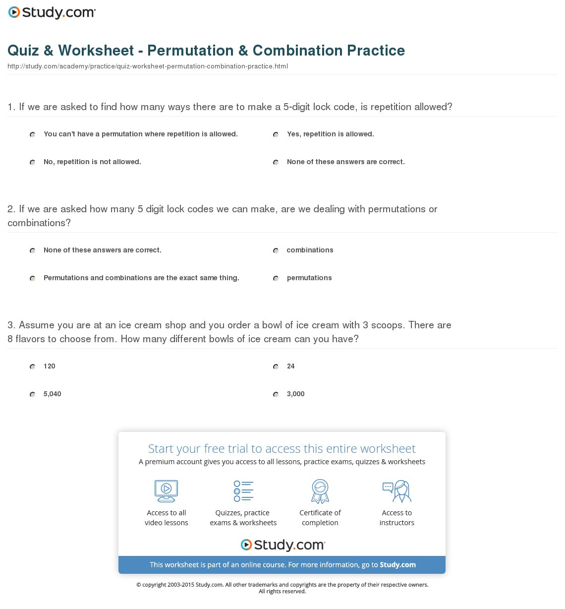 Quiz  Worksheet  Permutation  Combination Practice