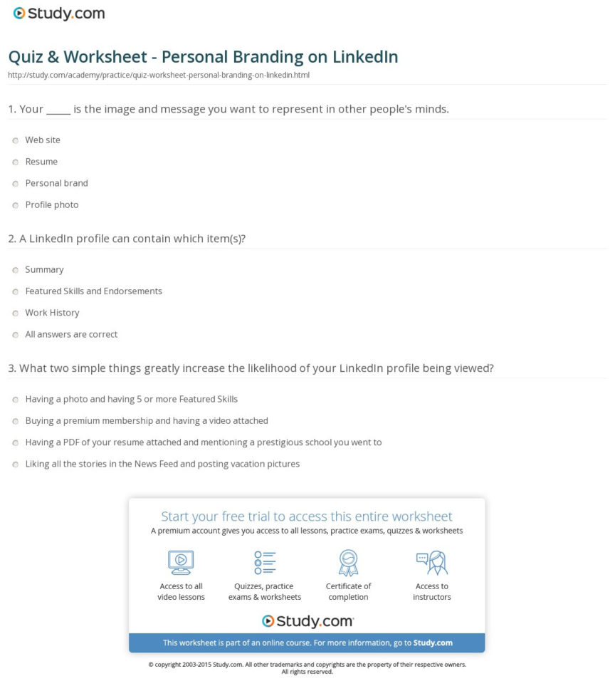 Quiz  Worksheet  Personal Branding On Linkedin  Study