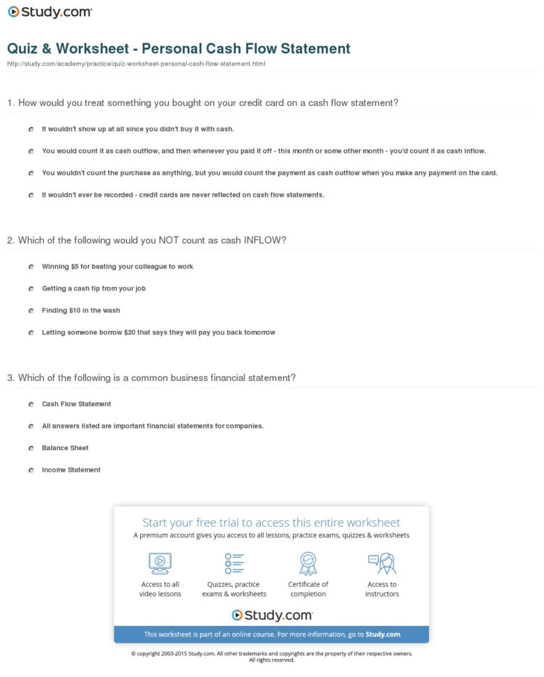 Quiz  Worksheet  Personal Cash Flow Statement  Study