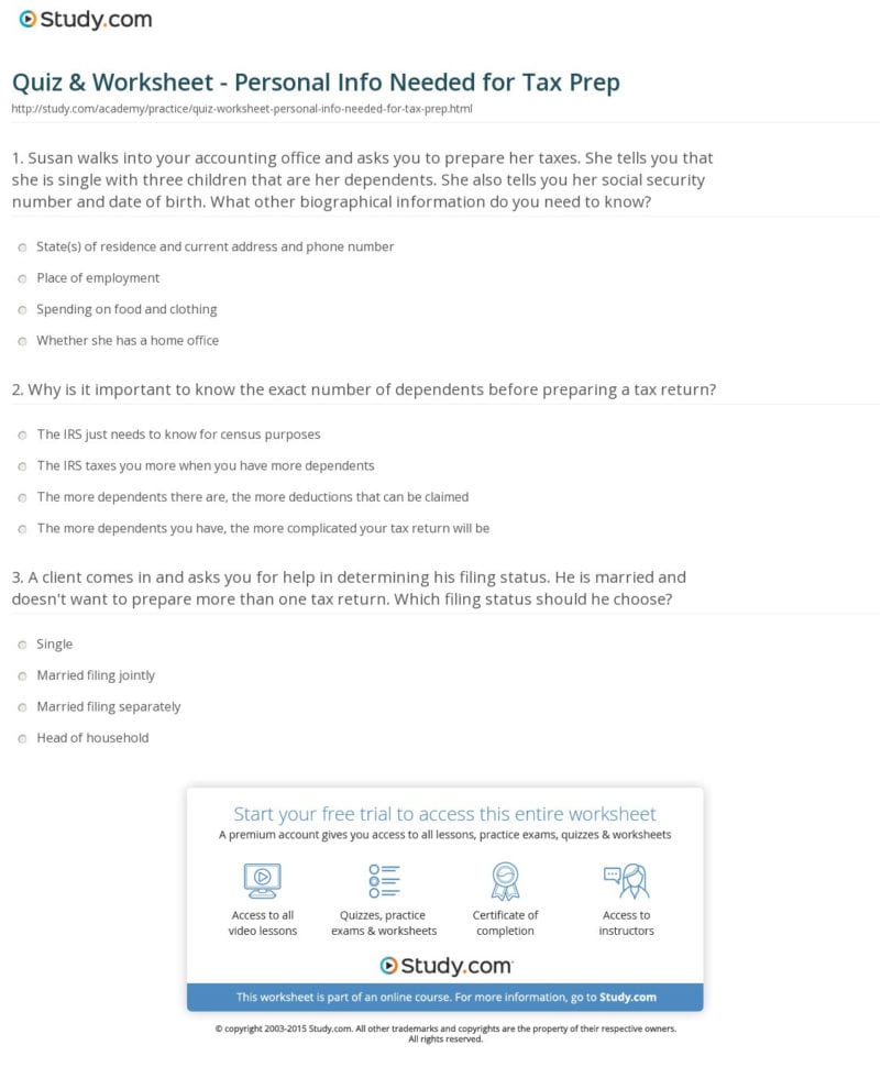 Quiz  Worksheet  Personal Info Needed For Tax Prep  Study